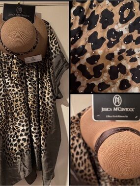 Jessica McClintock embellished leopard print kimono and matching straw hat / NEW